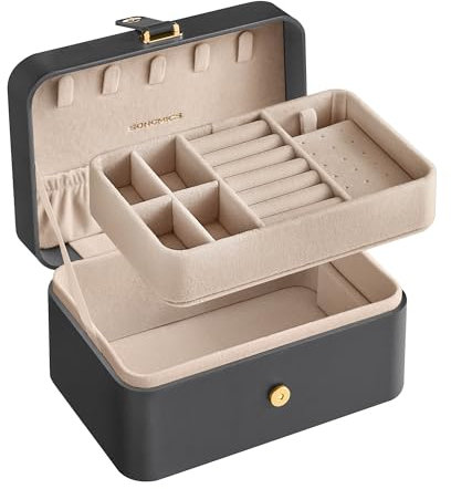 SONGMICS Schmuckkästchen Reise, Schmuckkasten klein, 2 Ebenen Schmuckaufbewahrung, tragbar, Schmuck-Reiseetui, für größere Accessoires, 11 x 16 x 8 cm, Geschenkidee, schiefergrau JBC166G01