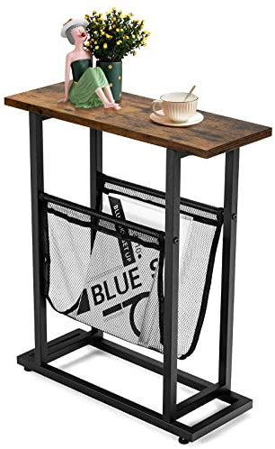COSTWAY 2-stufiger schmaler Kleiner Beistelltisch mit Magazinhalterung und schwarzem Stahlsockel, Industrieller Beistelltisch, Rustikaler Kaffeetisch für Wohnzimmer, Schlafzimmer und Büro