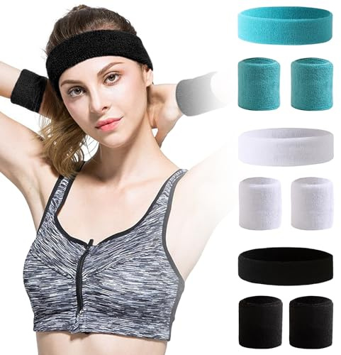 TRKETK 3 Stück Teiliges Schweißband Set, Übung Basketball Handgelenkband Schweißbänder Stirnband Armband Set Schweißband für Männer und Frauen Frottee Baumwoll Armband für Fitnessstudio Tennis Sport