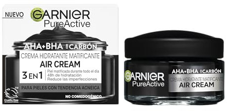 Garnier Pure Active Crema idratante opacizzante con AHA+BHA+Niacinamide+Carbone, Unisex per pelli con tendenza acneica - 50 ml