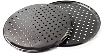 Teglia rotonda per pizza, 2 teglie per pizza per forno, antiaderente, con fori, in acciaio al carbonio, per casa, ristorante, cucina, cottura (32 cm)