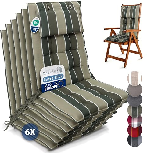 Beautissu 6er Set Premium Hochlehner Auflage mit Kopfpolster rutschfest | 120x50cm 8cm Dick Grün Gestreift Stoff Polster Gartenstuhlauflage Befestigungsbänder UV-Lichtechtheit 5 Robust Garten Sun-HL