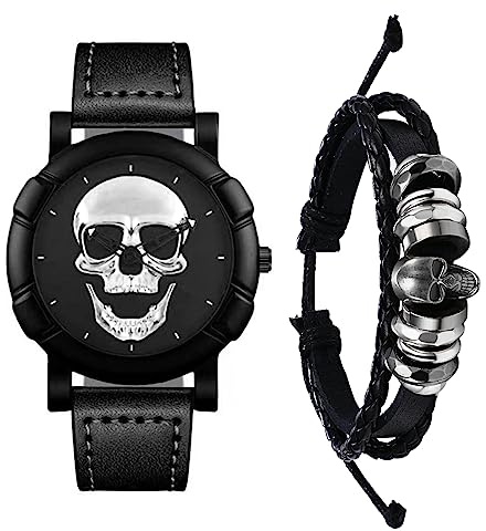 OIDEA Reloj Pulsera Calavera Hombre: Juego de Pulsera Reloj de Cuarzo Analógico Redondo Steampunk Halloween para Caballero Negro Correas de Cuero - para Ocio Fiesta Regalos