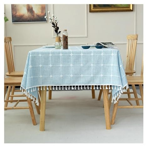 AMDXD Tischtuch Hellblau, Kariert mit Quaste Tischdecken Polyester, Tischtuch Aussenbereich Schmutzabweisend Mitteldecke für das ganze Jahr, 140x220CM