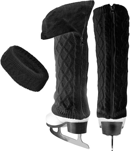 CFHOOAY Benvärmare och pannband set för konståkning hockey skridskoåkning, varm stickad vinter fleece fodrade benvärmare och pannband för balett dans. Ice skridskoåkning tillbehör, Svart lång, Lang
