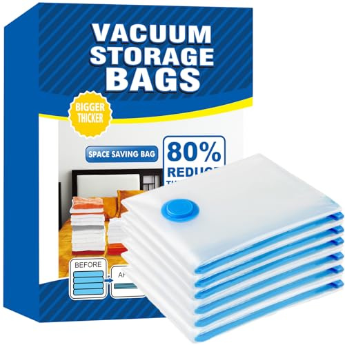 Vacuum Storage Bags - 6 Pack 60X80CM Extra Large Reusable Strong Space Saver Compression Bags - Vacuum Pack Bags Double Zip Seal Travel Vacuum Storage Bags for Clothes Duvets Quilts Bedding Pillows