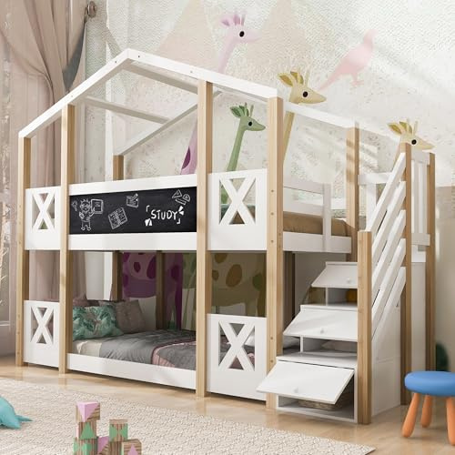 Hausbett Etagenbett 90x200 cm, Baumhaus Kinderbett Hochbett mit Treppe und Speicherung, Multifunktionsbett Holzbett Spielbett Stockbett Bettgestell mit Rausfallschutz und 2x Lattenrost, Natur & Weiß