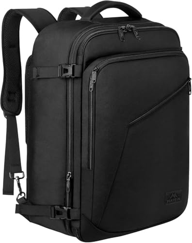 MATEIN Bagaglio a Mano Aereo 55x35x25 ITA Airways, Zaino da Viaggio 50L Borsa da Cabina Espandibile Travel Bag per Donna Uomo, Multitasche Leggero Zaini Casual per Air France, Air Europa, KLM, Nero