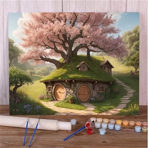Aimaor Malen Nach Zahlen Erwachsene DIY Rosa Baumhaus mit Rahmen Handgemalt Ölgemälde Kit für Anfänger mit Pinseln und Acrylfarben Paint by Numbers Kit für Geschenk Heimdekoration - 40x50cm