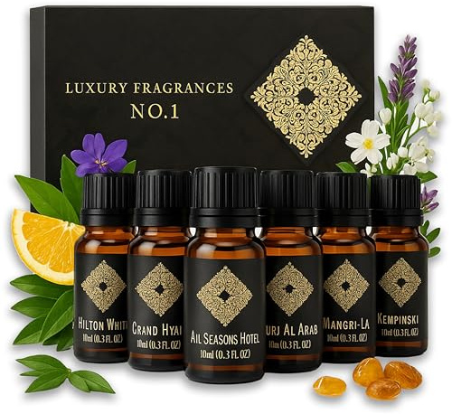 Alma Luxe Set Lavendel, Citronella und Eukalyptus - Ätherische Öle Set - 6 Fläschchen je 10 ml - Für Diffuser und Raumduft - Luxus-Präsentation für Raumduft, Geschenk und olfaktorisches Wohlbefinden | Leise und dekorative Diffusion ätherischer Öle