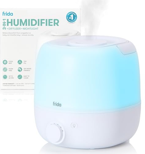 Frida Baby 3-in-1 Cool Mist Humidifier for Large Rooms, Top Fill Humidifier for Bedroom, Allergy Relief, 60 Hour Runtime + Nightlight, Auto Shut-Off, Quiet, Carry Handle, Essential Oil Diffuser