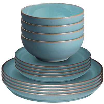 Denby - Azure Blue Coupe 12 Piece Dinner Set - Dishwasher & Microwave Safe Ceramic Crockery - Glaze Effect - Stoneware Tableware - Chip, Crack Resistant - Dinner Plates, Lunch Plates & Cereal Bowls