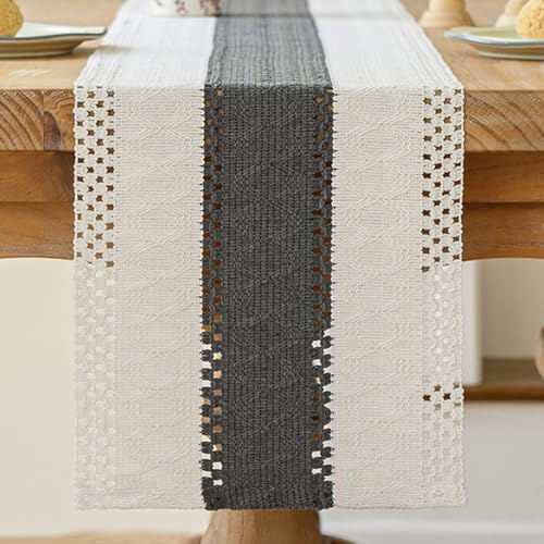 Kiatuniya Camino de Mesa Beige y Gris Boho de Macramé y Ganchillo con Encaje Camino de Mesa Moderno Estilo Rústico Vintage Corto Decoración de Mesas para Bodas Fiestas al Aire Libre 30x180cm