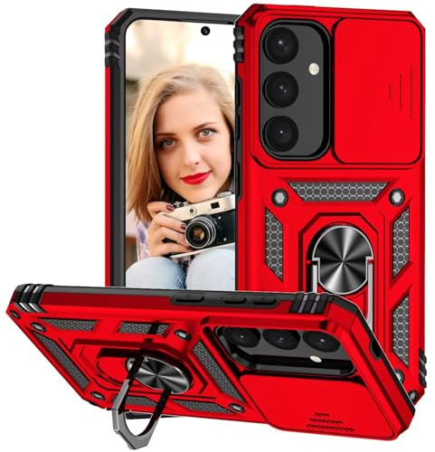 POUHYE Mobilskal för Samsung Galaxy S25 / Samsung Galaxy S24 5G Fodral, [Skydd för skjutkameran] Stötsäkert utomhusfodral i militärklass case magnetisk ringhållare, robust och tåligt telefonskydd Röd