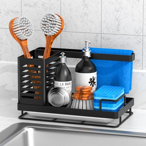JYSDCXC Spülbecken Organizer mit Abflusspfanne,Küchenspüle Caddy Schwarz,Spülbecken Caddy für Schwämme/Bürsten/Seifen in Küche und Bad,rutschfest,abnehmbar