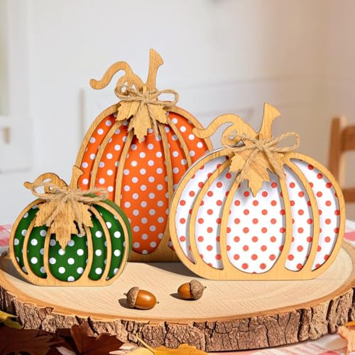 OLANRUN Fall Decorations for Home, 3-Piece Wooden Pumpkin Fall Decor, Autumn Thanksgiving Decorations for Table, Tiered Tray, Mantel, Shelf, Office