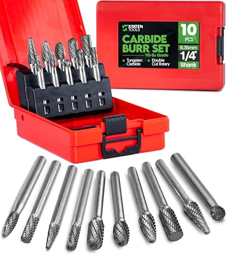 Carbide Burr Set 1/4 (6.35mm) Shank – 10 Pcs Double Cut Die Grinder Bits for Milling, Carving, Engraving, Deburring, Drilling, Hard Wood and Metals – Tungsten Carbide Drill Bit Set for Rotary Tools