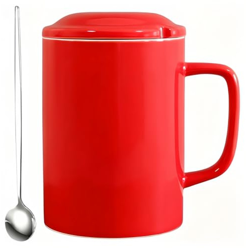 NIUKOMY Tazza Jumbo Grande 1000ML, Tazze Gigante, Tazza da Caffè Extra Large in Ceramica con Coperchio e Cucchiaio per Ufficio e Casa, Rosso
