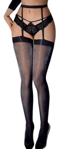 EHSUYAB Sparkly Thigh High Stockings With Garter, Glitter Silver Thread Fishnets,Sexy Costume Suspender Pantyhose Rave Tights Silver Black