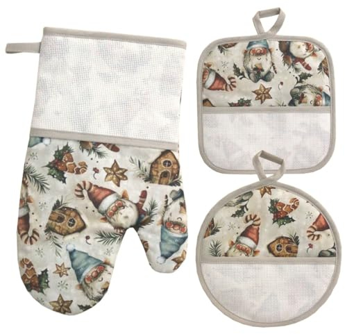 Guantone da Forno e Due presine da cucina da ricamare a Punto Croce, Set Guanto e presine di Natale con Tela Aida, Guantone da forno con Due presine per il punto croce, fantasia Gnomi di Natale