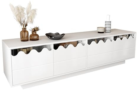 Mueble TV Con MDF Y Tablero De Partículas, Diseño Ondulado Con Cuatro Puertas Y Estantes De Cristal, Lowboard Para Televisor Y Centro Multimedia, Mueble Para Salón Y Oficina,Blanco, 170 x 45 x 40 cm