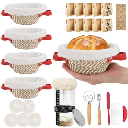 Bread Proofing Basket Starter Kit 5pcs 5.5 Inch Small Round Baskets Set | Sourdough Proving Basket Kit with Starter Jar,Cotton Rope Basket with Liners & Covers,10 Bread Bags Making Accessories