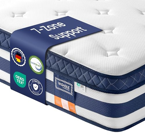 VASAGLE Pocket Sprung Mattress, Cooling Gel Memory Foam, 7-Zone Pressure Relief, H3 Medium Firm, 190 x 90 x 25 cm, Blue, Motion Isolation Bed in a Box, Mosey Collection RMZ231Q102