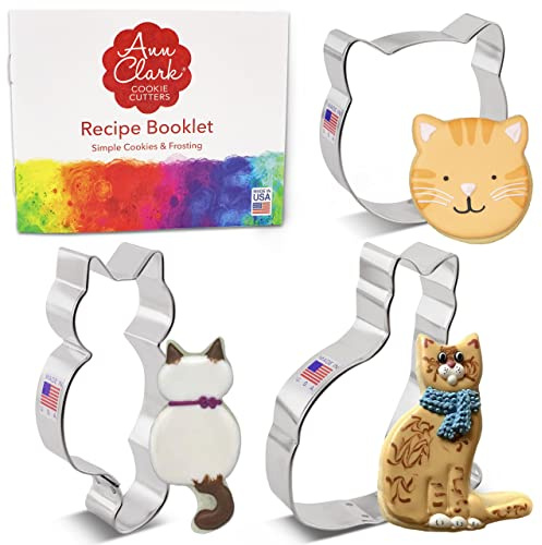 Ann Clark Ausstechformen - Katzen - 3 Teile Set mit Rezept - Katzengesicht, liegende und sitzende Katze - US verzinnter Stahl