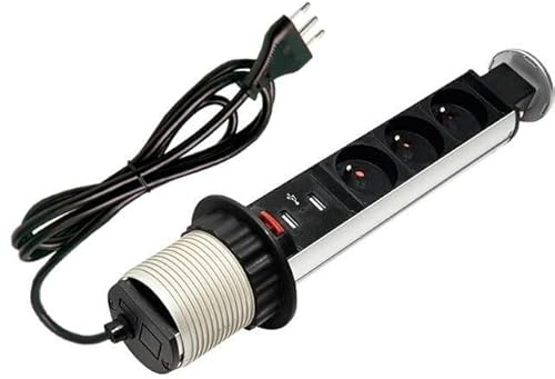 Techly Professional 023271 Multipresa da Scrivania 3 Vie Pop-Up a Scomparsa con 2 USB Nero/Argento