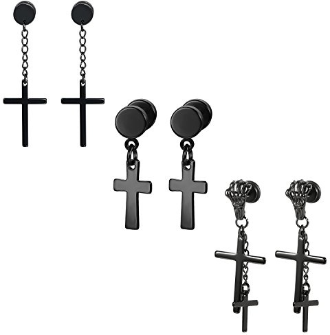 Aroncent 3 Paare Ohrstecker Set Edelstahl Kreuz Skelett Klaue Kette Ohrhänger Ohrringe Ohrpiercing für Herren Damen Schwarz/Silber