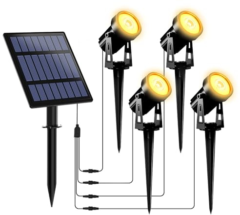 T-SUNUS Gartenstrahler Solar, Solarstrahler für Außen Garten Warmweiß, IP65 Wasserdicht, 2 Helligkeitsmodi, Auto ON/OFF Solarlampen für Außen Baum Terrasse Hof Gartenweg
