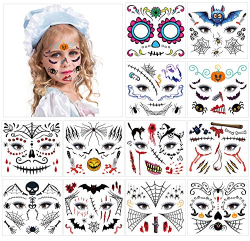 HOWAF 12 Blatt Halloween Tattoos Gesicht Kindertattoos Aufkleber Gruselige Motive mit Spinnen Skelett Fledermaus, für Kinder Halloween Deko Karneval Kostüm Party Mottoparty Maskerade