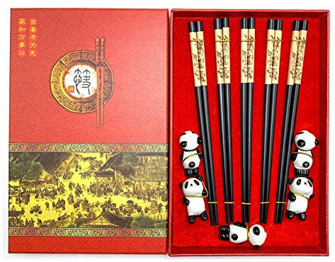Mainiusi Essstäbchen Spülmaschinenfest 5 Paar Holz Essstäbchen Set mit Ruhe, Wiederverwendbar Essstäbchen Japanisches Naturholz mit Panda Keramikhalter Koreanische Essstäbchen Holz mit Geschenkbox