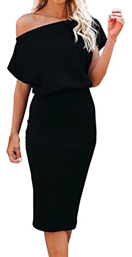 Ezbelle Women's Tshirt Short Sleeve Dresses Athletic Beaches Off The Shoulder Ribbed Casual Party Bodycon Midi Dress Black Small