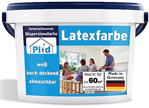 Plid® Latexfarbe Weiß seidenglänzend [10L] - Abwaschbare Farbe Innen für Küche & Badezimmer - Latexfarbe abwaschbar leicht zu reinigen & nicht schlämmend - abwaschbar nicht füllend