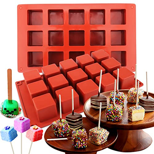 AIERSA Stampo quadrato in silicone per cake pop, 2 pezzi con 15 cavità per lecca-lecca fai da te, 3 cm, bocconcini, cubetti di cioccolato, cake pop, per pasticceria, tartufi, gelatina, brownie