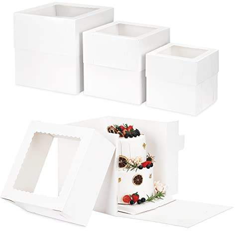 Moretoes 12 Pcs Cake Box, Tall Cake Boxes with Window in 3 Sizes 12x12x12 10x10x10 8x8x8 Inches, Bakery Boxes Disposable Carrier Take Out Container, 2 or 3 Tier for Valentine's Day Mother's Day
