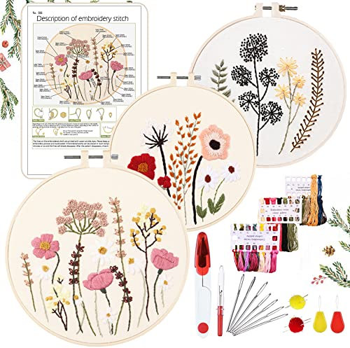 YINVA Stickerei Set Anfänger, Blumenmuster Pflanzen Kreuzstich-Kit Starter Tools Kit mit 2 Stück Kunststoff-Stickrahmen, Farbfäden und Werkzeuge, für DIY Kunst, Handwerk, Sticken (Rosa)