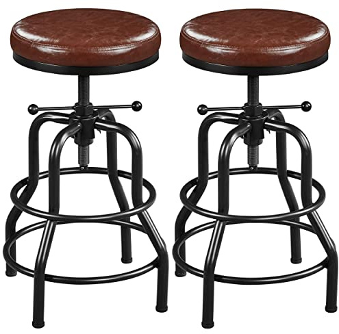 Yaheetech 2PCS Rustic Height Adjustable Industrial Bar Stools, Brown | 54.5–71.5cm Adjustable Kitchen Chairs, with Footrest, Faux Leather Seat, Pre-Assembled Barstool, for Restaurant, Home Bar
