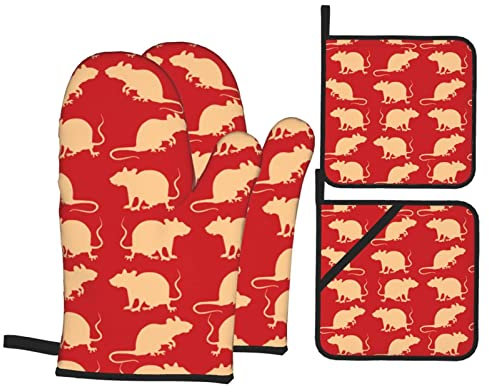 Ofenhandschuhe Topflappen 4Er Set Roter Hintergrund Mit Niedlichen Tieren Topfpads Druck Topfhandschuhe Doppelschicht Grillhandschuhe, Für BBQ, Cafe