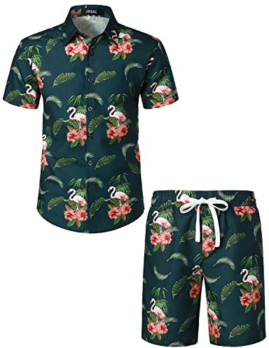 JOGAL Herren Hawaii Hemd Männer Flamingo Kurzarmhemd und Kurze Hose Set Strand Outfit Sommerhemd Für Mann Dunkelgrün Groß