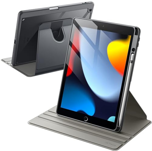 JETech Drehbare Hülle für iPad 9./8./7. Gen 10,2, Space Grau | Für iPad 10,2 (2021/2020/2019), 360° Drehständer, Transparente Rückseite, Auto Schlafen/Wachen, Stifthalter, Vollschutz