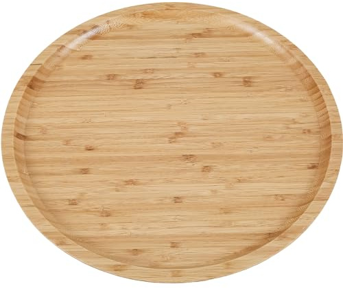 PandaHug Natural Bamboo Wooden Tray, 35cm Portable Round Serving Platter Dessert Plate, Reusable Multipurpose Charcuterie Serving Board for Coaster, Tea, Coffee, Cake, Fruit, Snack