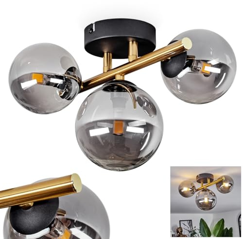 HOFSTEIN Deckenleuchte Chehalis, 3-flammige Deckenlampe aus Metall/Glas in Schwarz/Gold/Rauch, Leuchte im Retro/Vintage-Design, Ø Schirme 10; 12 cm, G9, Esszimmer, Schlafzimmer, Wohnzimmer, Küche