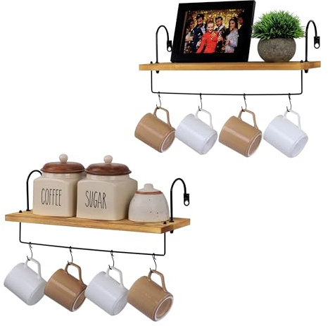BELLE VOUS Wooden Kitchen Shelves (2 Pack) - Wall Mounted Kitchen Shelves with Rail & Hooks - Wall Storage Coffee Bar Shelf - Decorative Kitchen Shelf