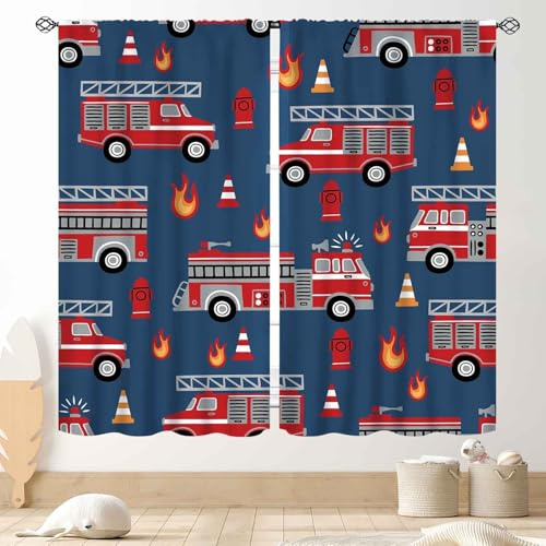 Feuerwehrwagen-Vorhänge für Jungenzimmer, Cartoon-Feuerwehrauto, Fahrzeug, Feuerwehrmann, blau-rot, Fenstervorhänge, Behandlungen für Kinder, Jungen, Mädchen, Teenager, Schlafzimmer, Wohnzimmer,