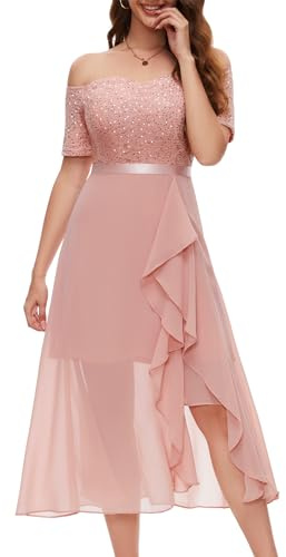 Berylove Robe de soirée formelle à paillettes pour femme, épaules dénudées, mariage, cocktail, robe de soirée mi-longue, rose poudré, 3XL