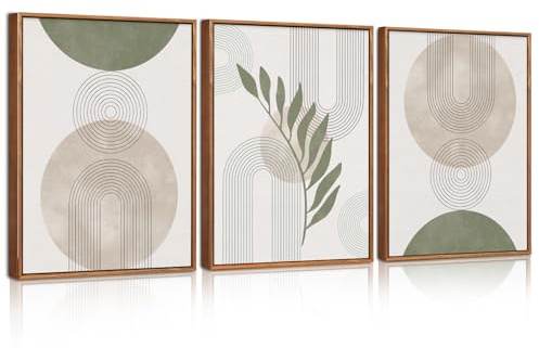 HPNIUB Framed Boho Abstract Wall Art Set Green Leaves and Moon Phase Wall Decor Mid Century Modern Minimalist Geometric Artwork for Living Room Bedroom Neutral Rustic Canvas Prints 30×40cm