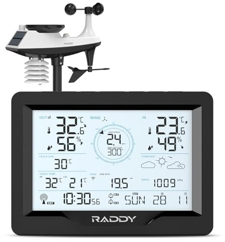 Raddy MN6 Lite Stazione Meteo con Sensore Esterno, Termometro Umidità da Esterno per Interni 5 in 1, Misuratore di Pressione dell'Aria, DCF, Previsioni Meteo, Velocità del Vento, Precipitazioni