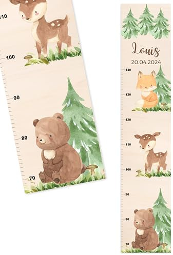 Bärenfreunde® - Personalisierte Messlatte Kind Holz zum Kleben oder Aufhängen - Skala 70-140cm - Süße Dekoration für Baby- & Kleinkinderzimmer (Kinder 70-140cm, Bär Reh Fuchs)